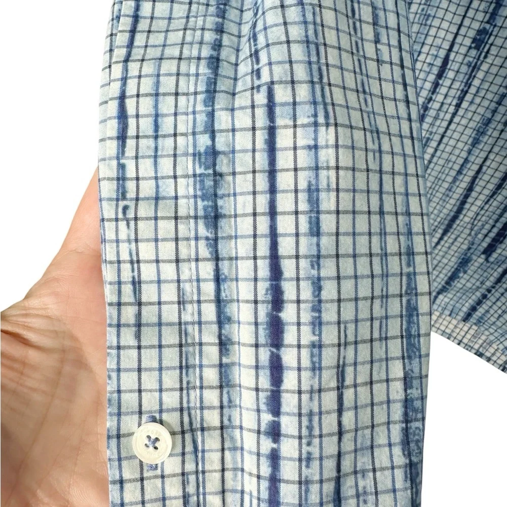 Tory Burch Popover Blouse Size 2 Blue Grid Ikat Print Coastal Prep Barrel Cuffs